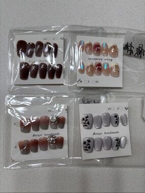 Handmade Press-On Nails Set - Assorted Colors (Brown, Nude, Pink, Silver)